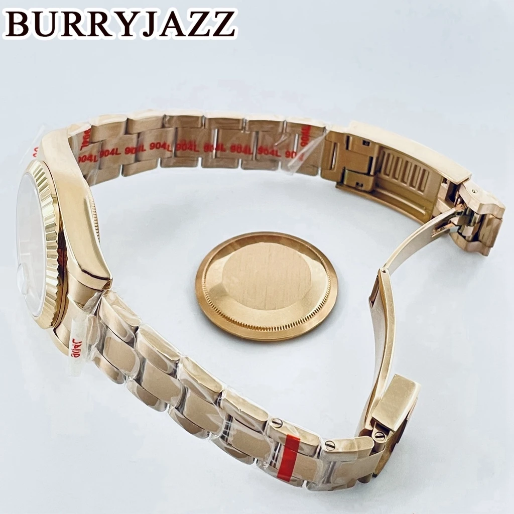 حافظة ساعة من الذهب الوردي من Burryjazz ، حافظة من الفولاذ المقاوم للصدأ ، كريستال ياقوت مقاوم للماء ، 36 من من ، 40 ، NH34 ، NH35 ، NH36 ، NH38 ، PT5000 ، ETA2824