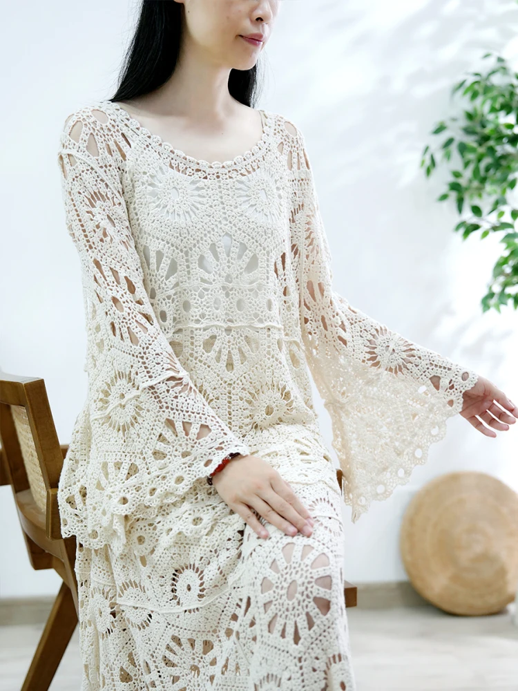 TIYIHAILEY Spring Summer Women Lace Crochet Tops Long Flare Sleeve Beige Ladies Clothing Fashion 2025 New O-Neck White