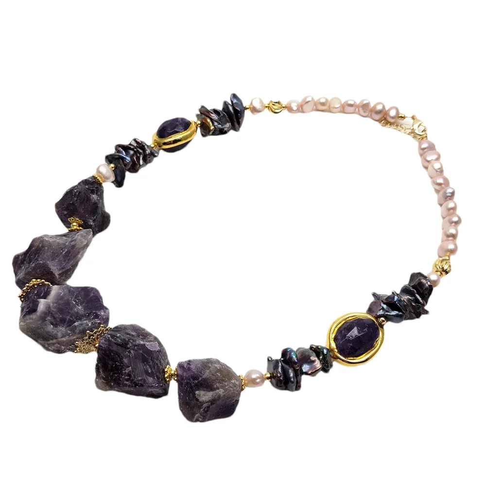 

Y·YING Amethyst Rough Pink Pearl Gemstone Statement Necklace Bohemian Beaded Necklaces Jewelry Gift