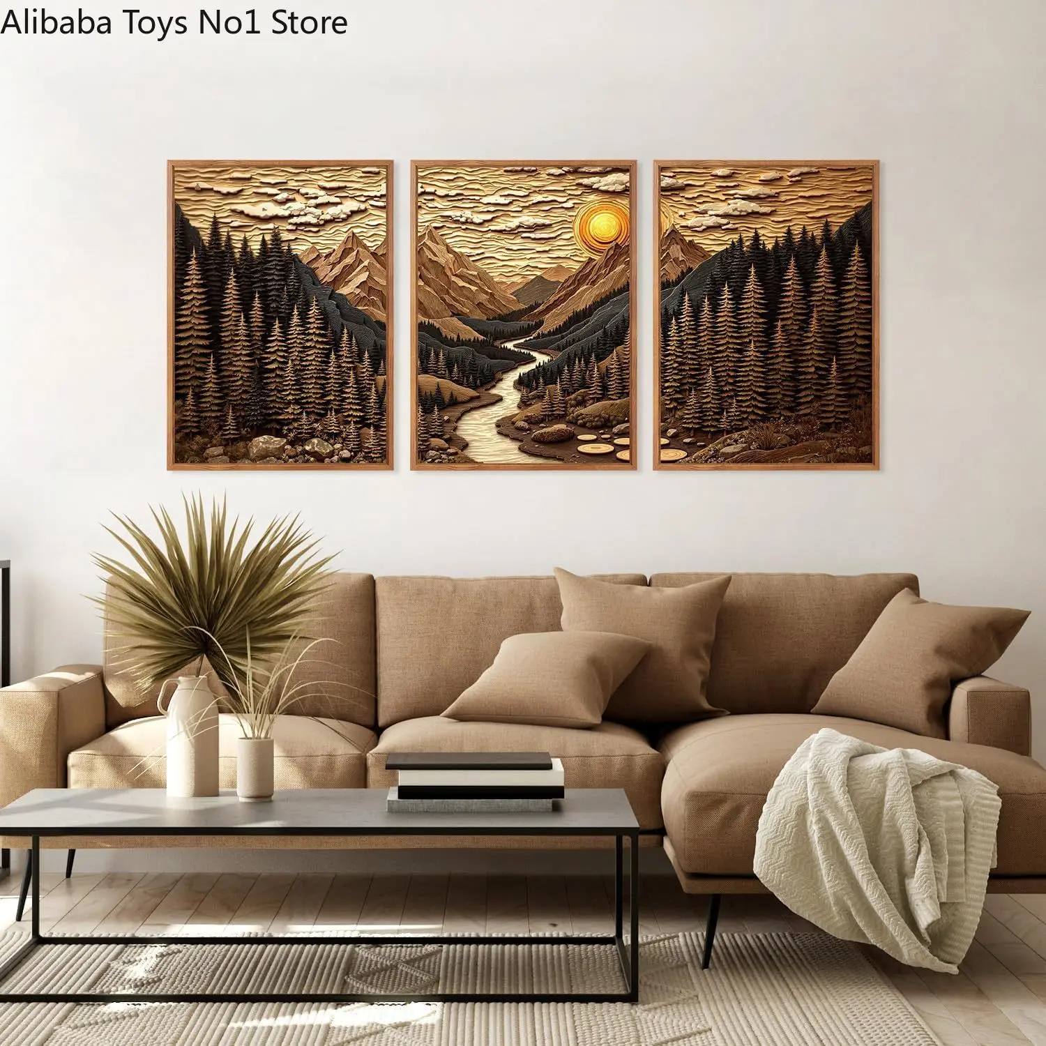 3Pcs Frameless Mountain Forest Canvas Wall Art Wood Carving Style River Sunset Prints for Living Room Decor