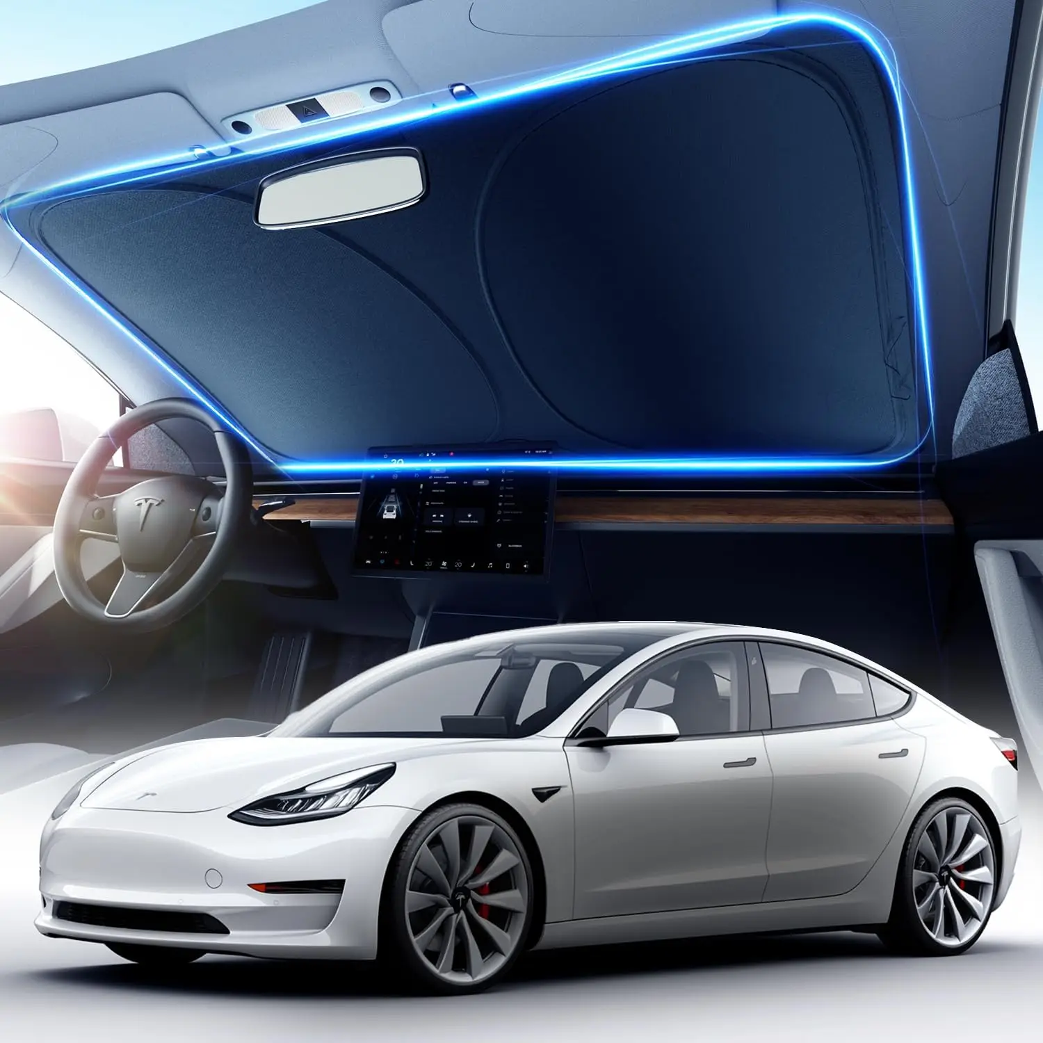 

[Обновление 2025 года] Разработана для солнцезащитного козырька на лобовое стекло автомобиля Tesla Model Y/3, 100% солнцезащитный болт и УФ-отражатель] Сохраняет охлаждение и интерьер автомобиля