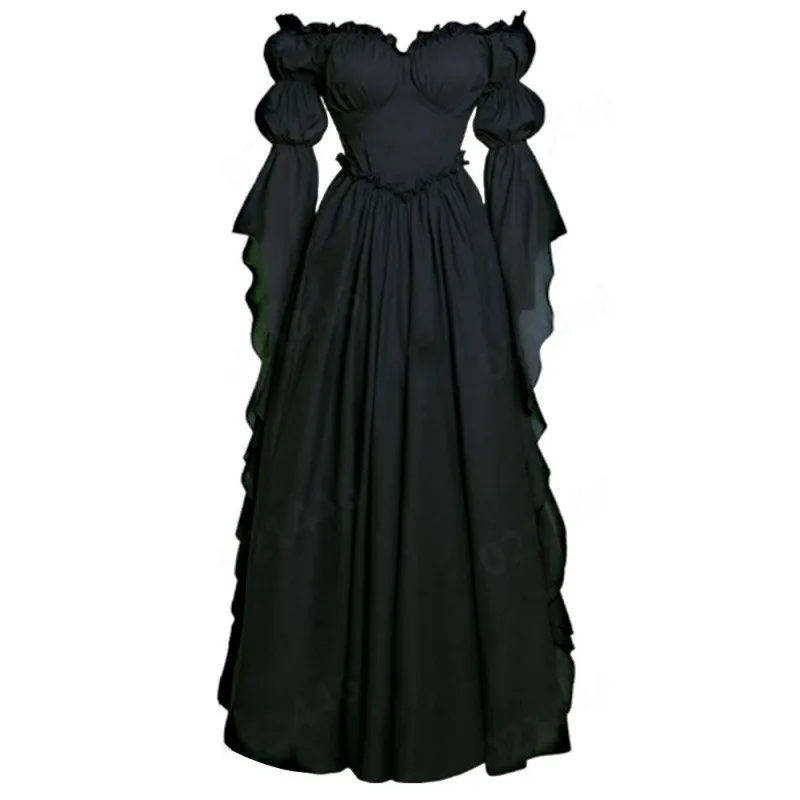 Women's Renaissance Gothic Court Off Shoulder Maxi Dress Vintage Ruffle Hem Medieval Victorian Stage Performance Costume Gown - view 5