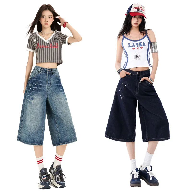 Summer 2026 Women Retro Rivet Rhinestone Curve Capri Jeans Two Tone Wash Wide Leg Denim Y2K Korean Daily Street Pants
