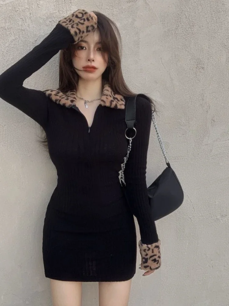 Clubwear Dress Women Leopard High Street Ladies Autumn Casual Aesthetic Ins Sexy Mini Tunic A-line Korean Style Vestidos Retro