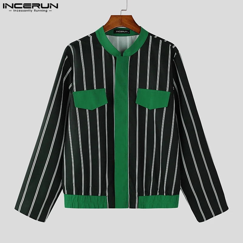 INCERUN Tops 2024 American Style Fashion Men\'s Patchwork Striped Jackets Coats Casual Streetwear Male Long Sleeved Jackets S-5XL