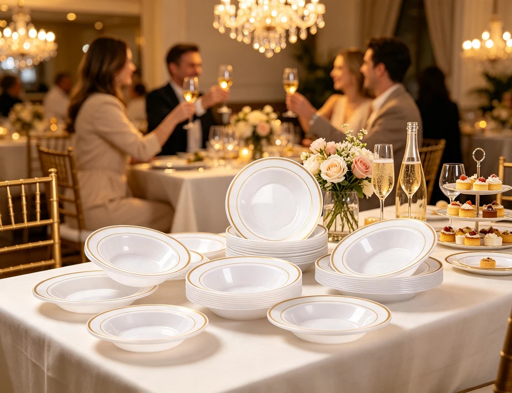 White Double Gold Edged Disposable Plastic Soup Plate Salad Bowl Wedding Banquet Catering Festival Birthday Desktop Decoration