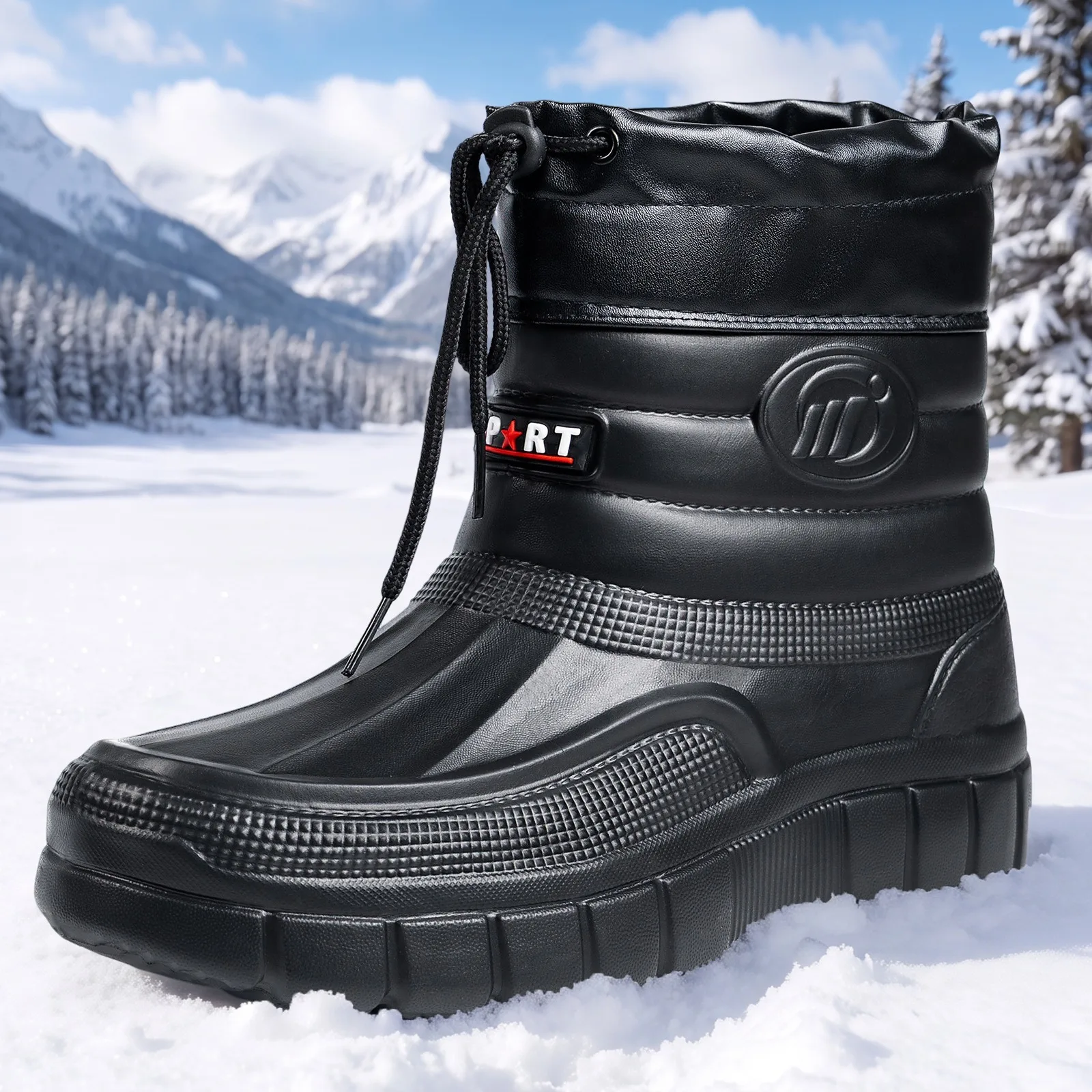 Winter Herren Baumwollschuhe mit Samt und warmem Leder, dicker Sohle, Kordelzug, hoher Schaft, schwarz, Outdoor, kältebeständig, Schneestiefel – Detail 4