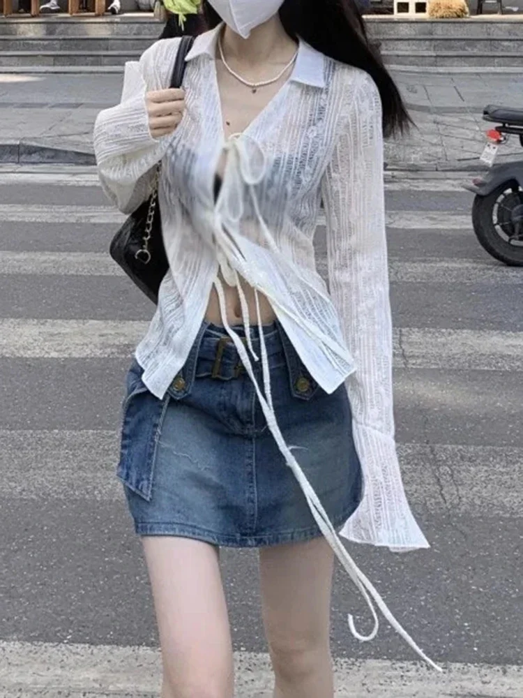 

Sweet Women's Korean Fashion Chiffon Lace Cardigan Top with Jacquard Horn Sleeves Sexy Summer Sunscreen Clothes Women Shirt