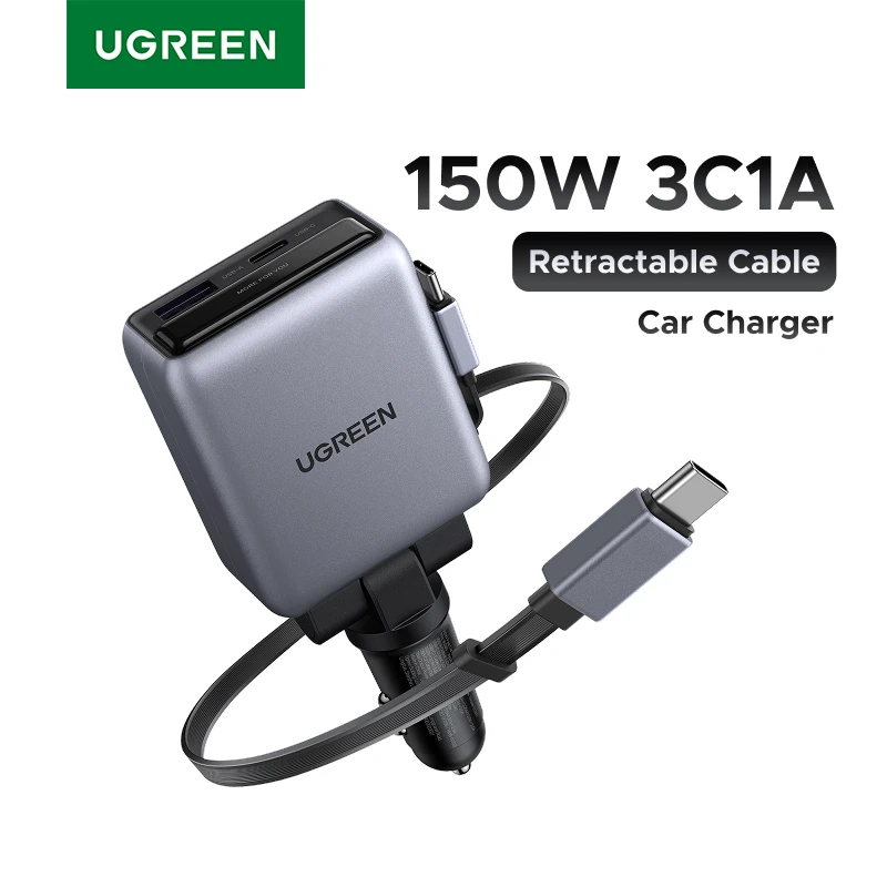 ugreen-150w-car-charger-built-in-dual-retractable-cable-4-ports-fast-charging-for-iphone-18-17-samsung-mobile-phone-charger