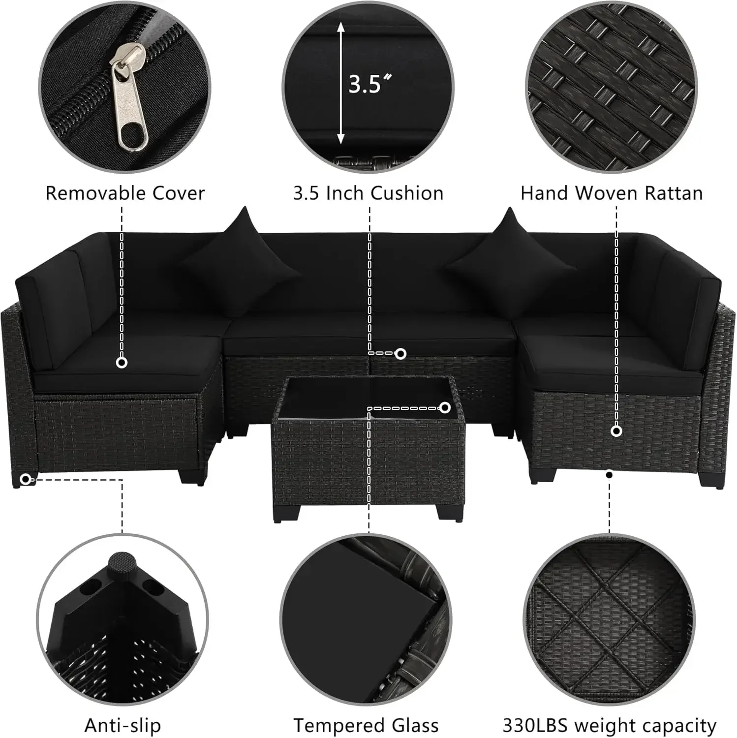 Outdoor Sectional Sofa, Wicker Patio Conversation Set, All-Weather PE Rattan Sectional Sofa with Cushions and Glass Coffee Table