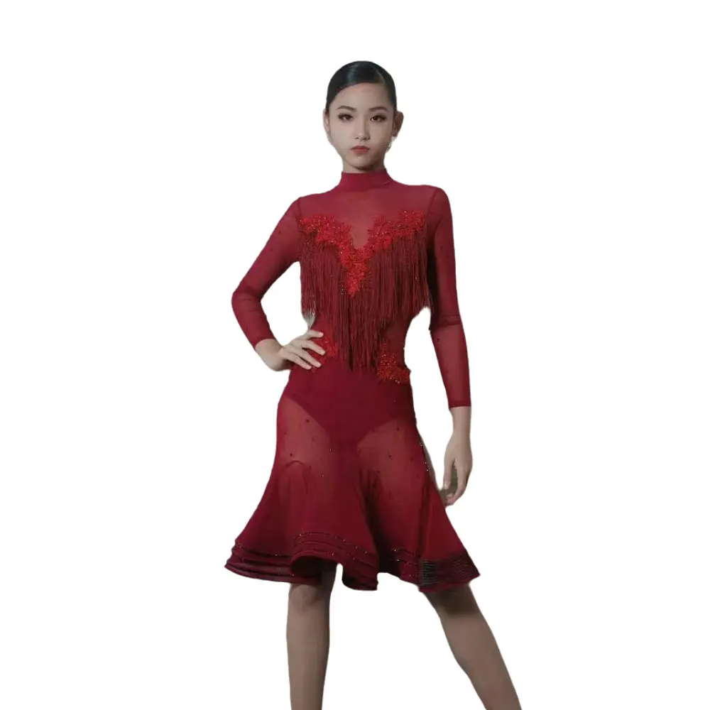 Concurso de dança latina feminino high-end personalizado vinho vermelho malha borla peito espinha de peixe saia samba desempenho strass vestido