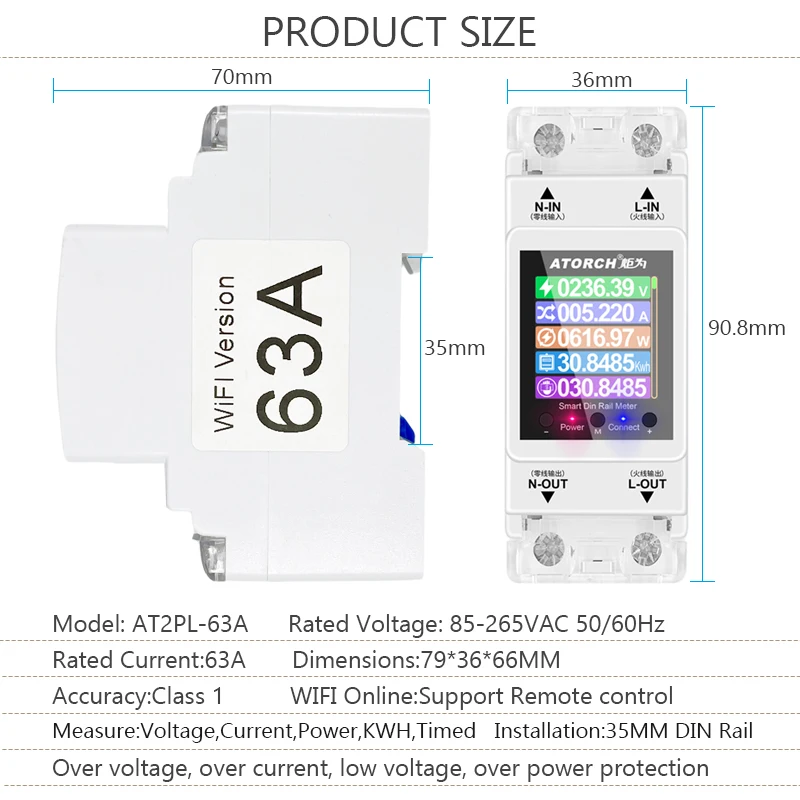 ATORCH 2P 63A Tuya WIFI interruptor inteligente disyuntor medidor de energía KWh medición de potencia temporizador relé Control remoto aplicación Smart Life