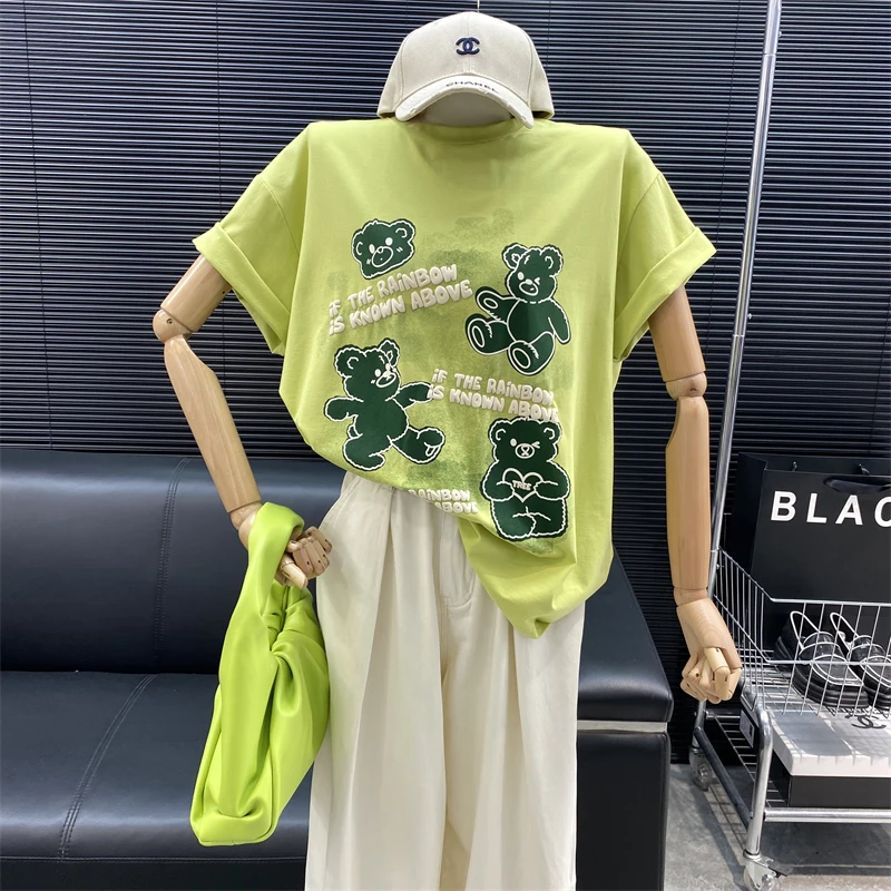 New 2022 fashion Designer new style Famous brand Green bear Graffiti T-shirt Round neck Casual Versatile Top