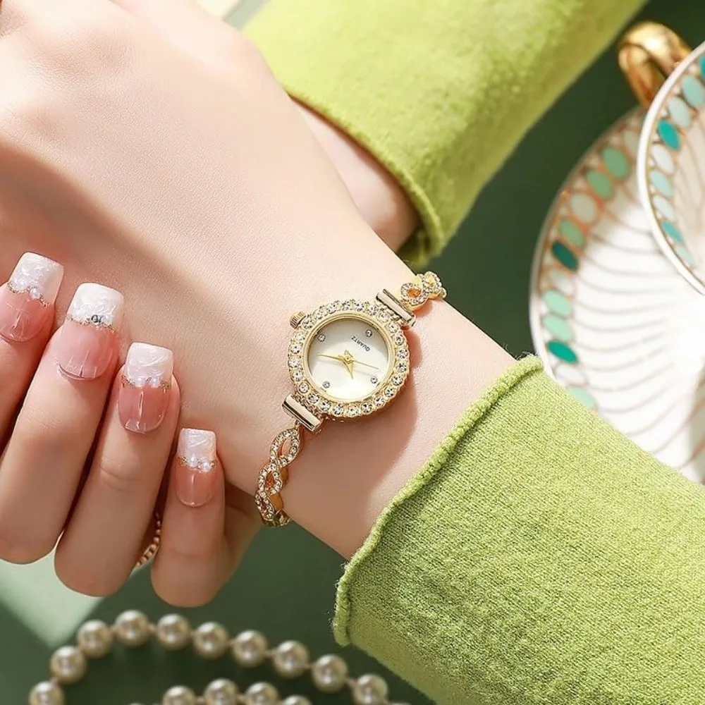 Luxury Small Dial Women Watch Round Bracelet Alloy Diamond Inlaid Watch Bracelet Watch Daily Use