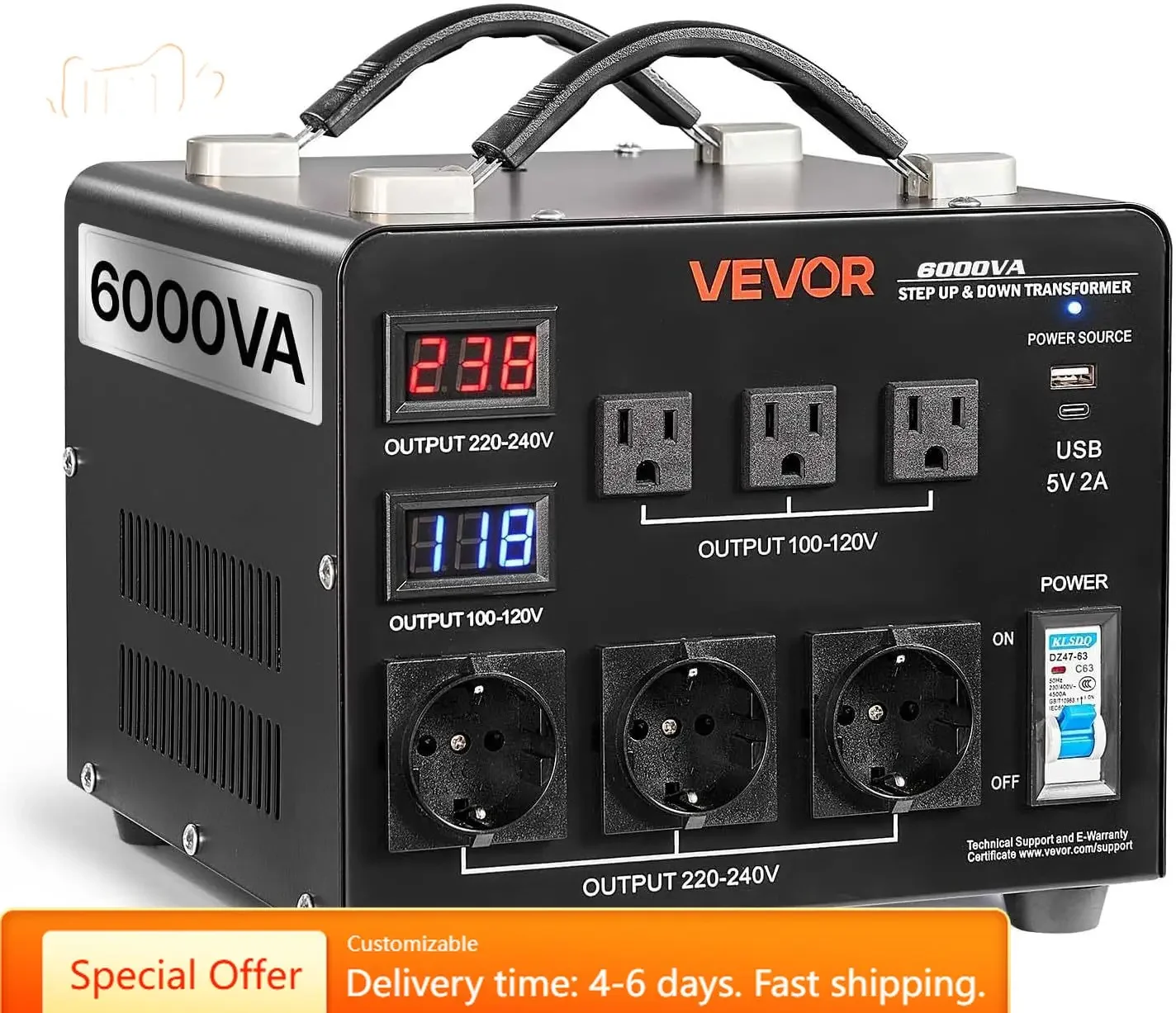 oltage Auto Converter Transformer, 6000VA, Heavy Duty Step Up/Down Power 110V to 220V and