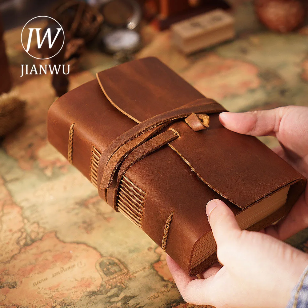 JIANWU Vintage Cowhide Cover  Thickened Strap Material Collage Notebook Creative DIY Journal Student Supplies Stationery