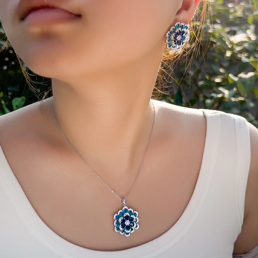CWWZircons Art Deco Luxus-Ohrringe und Halskette mit blauem Zirkon in Blumenform, Damen-Partyschmuck-Sets, Großhandel T0195 – Detail 7