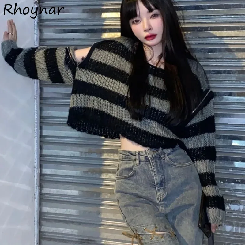 

Knitting Sweaters Pullovers Women Fashion Striped O-neck Zipper Korean Style Streetwear Soft Leisure Loose Crop Tops Harajuku