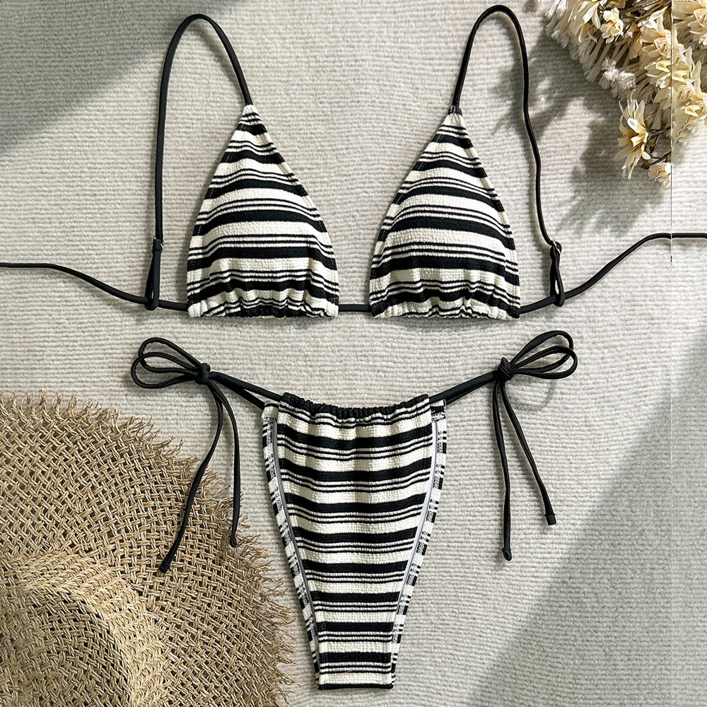 Para Praia Thong Swimsuit Women Halter Micro Bikini Set 2025 Stripe Print Swimwear Biquini Brazilian Bathing Suit Beachwear