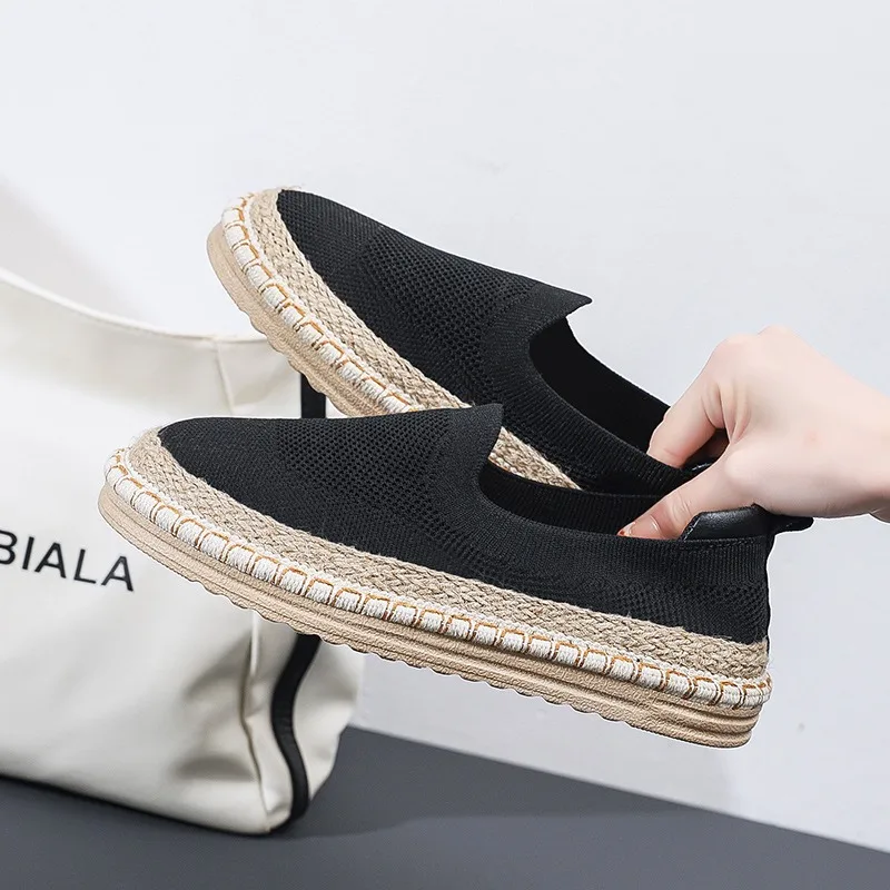 Espadryle nowe buty damskie lniane mieszkania moda dzianinowa tkanina siateczkowa mokasyny konopne wsuwane buty na co dzień damskie trampki