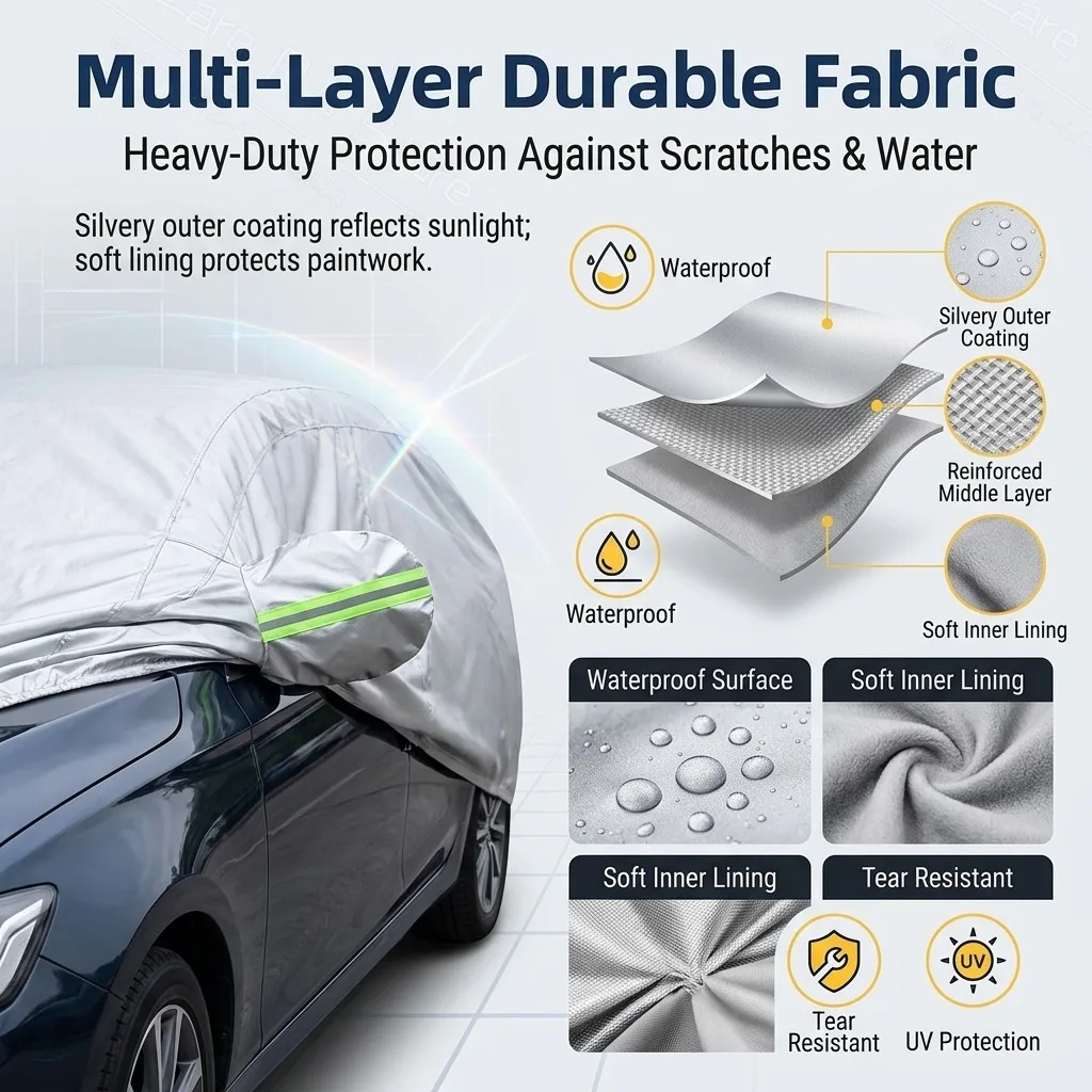 For Baojun 610 2018-Present Custom Fit Full Car Cover Silver Coated Fabric Side Zipper Access UV Sun Dust Protection
