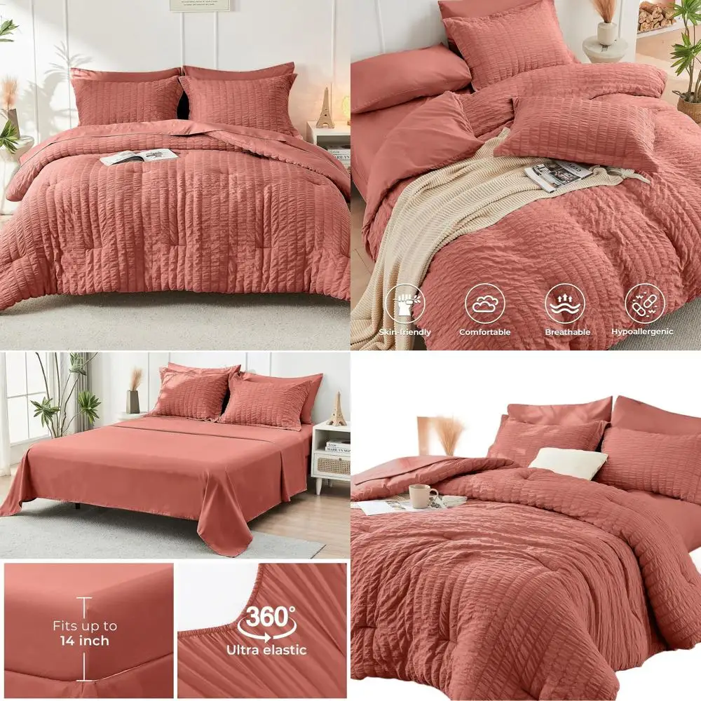 

7-Piece Seersucker Queen Bedding Set: All-Season Luxury Comforter, Sheets, Pillowcases & Shams
