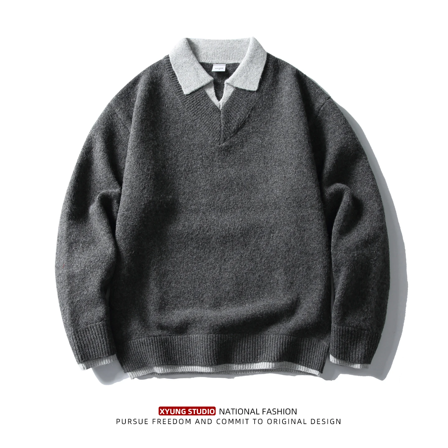 

Мужской утепленный вязаный свитер из смесовой шерсти с эффектом двухслойности, повседневный, комфортный, теплый, для осени и зимы