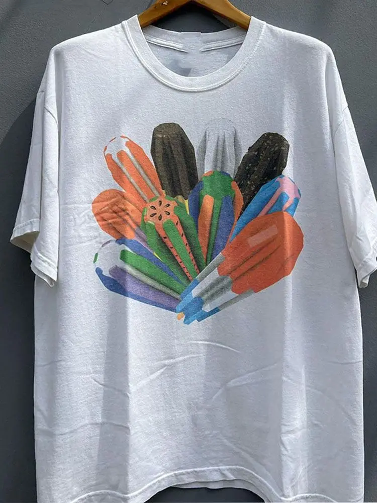 

Футболка De Couple De Rue Américain À Manches Courtes En Pur Coton Imprimé Par La Marque Marée D'épissage De Couleurs Contrastées