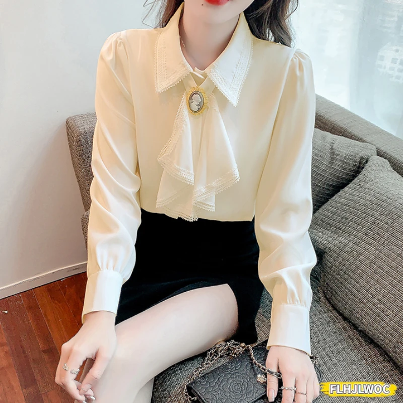 Bow Tie Tops Blouses New 2024 Women Long Sleeve Elegant Office Lady Work Solid White Shirts Ruffled Chic Tops Blusas