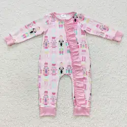 2023 Fashionable Boutique Infant Girls Onesie Baby Ruffle Zipper Bodysuits Toddler Pink Rompers