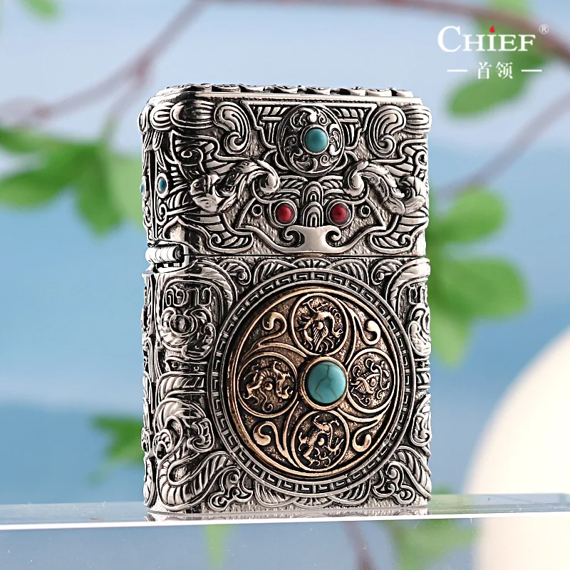 ولاعة الكيروسين النقش ثلاثية الأبعاد الإبداعية ذات ستة جوانب، ولاعة درع قابلة للدوران، أدوات الإشعال وتخفيف الضغط