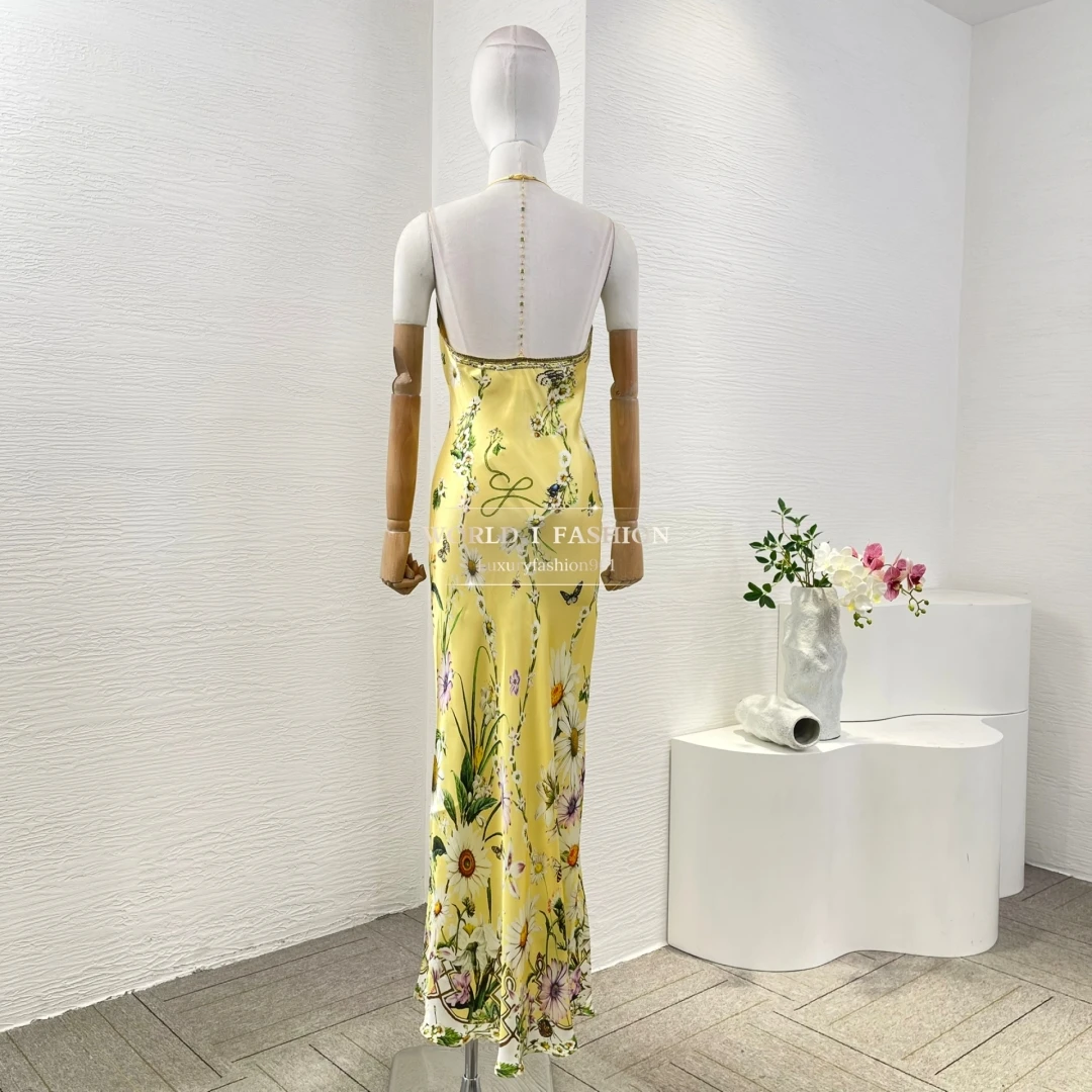 

Yellow Floral Print Sleeveless Beading Backless Halter Maxi Dress 2025 New Arrivals