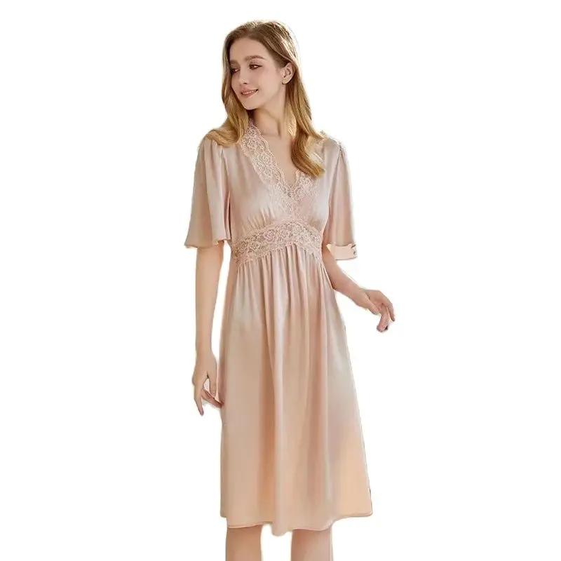 Winsleter,Women With Chest Pads Deep V Neck,Elegant Lace Pajama Dress,19MM 100%Real Silk Sexy Nightgown,2024 Summer P46954QC