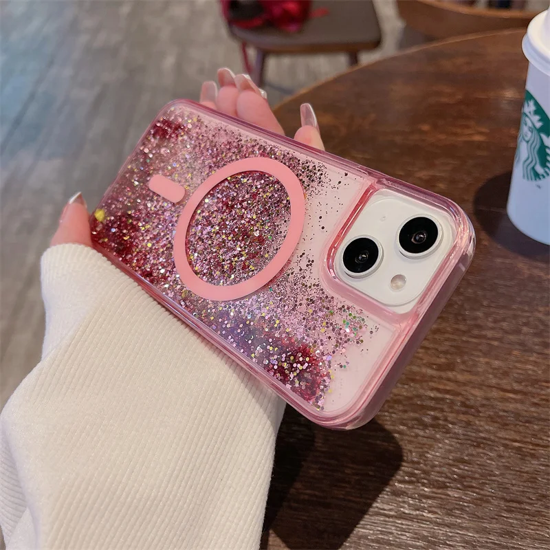 Luxury Magnetic Magnets Quicksand Case Cover for iPhone 15 14 16 Pro Max Glitter Powder Sequins Shell Hard Funda Liquid Carcasas