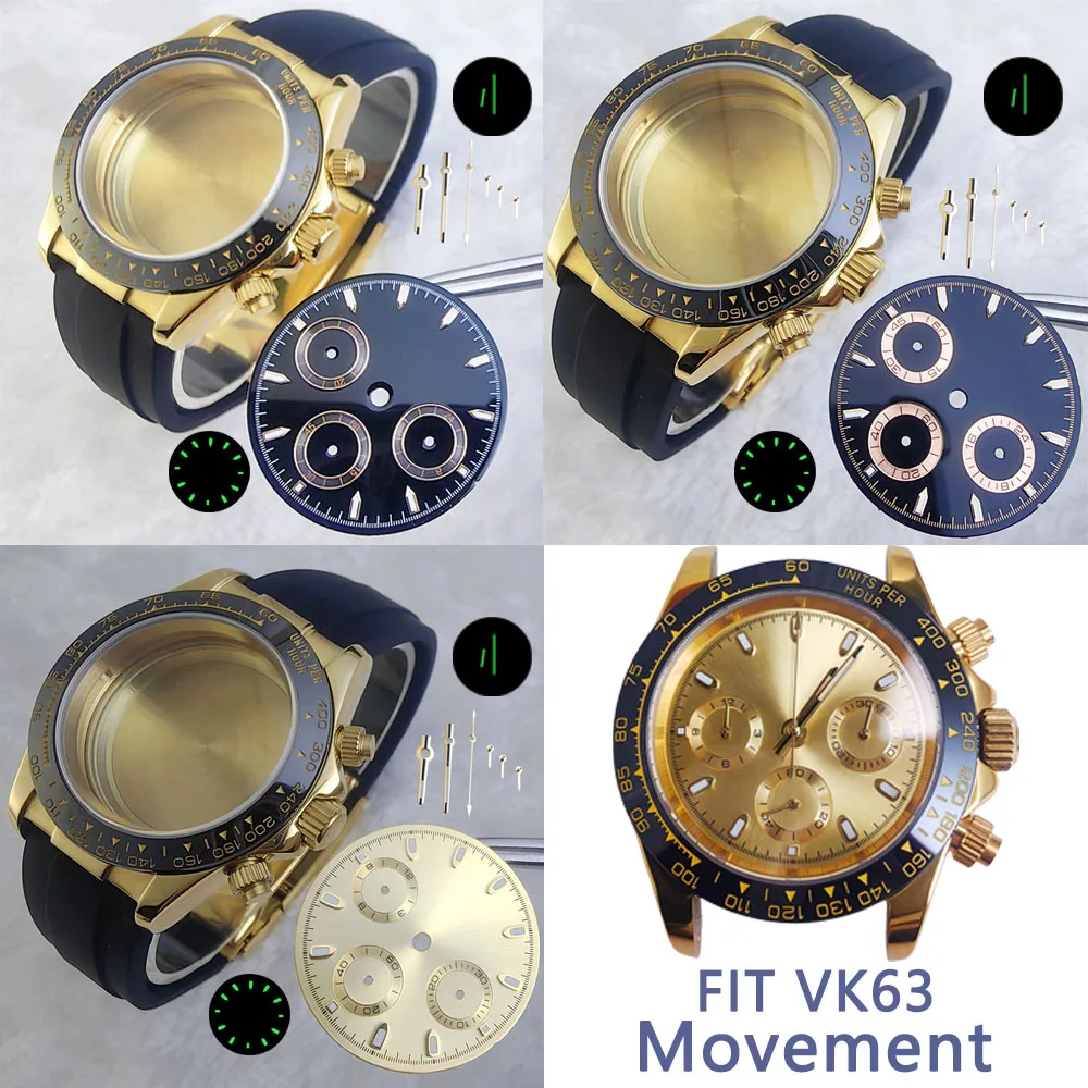 

39.3MM Case Watch Gold Stainless Steel Case Rubber Strap Luminous Dial And Hands For Vk63 Movement Watch Assembly Parts