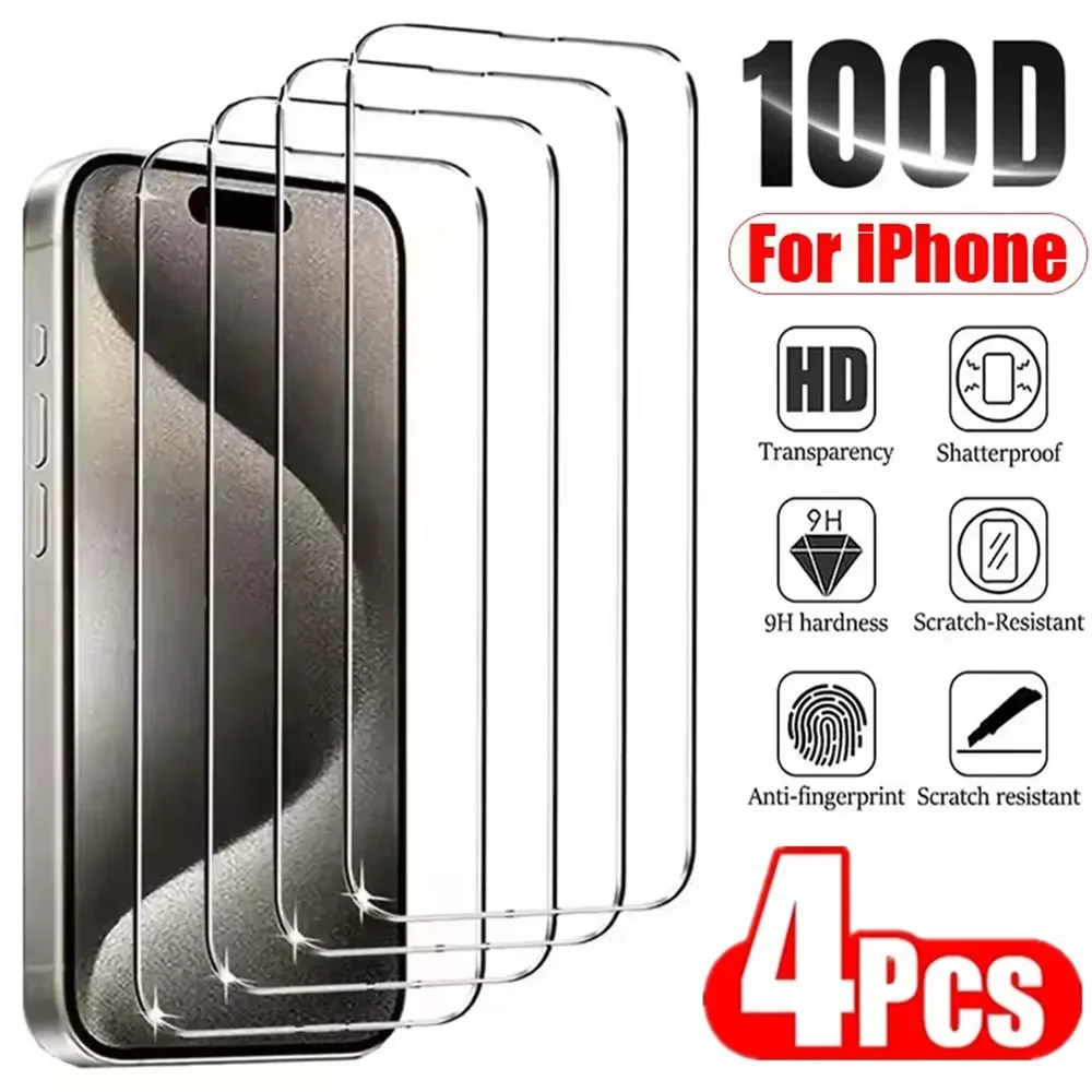 4Pcs Tempered Glass for IPhone 16 13 11 12 14 Pro Max Mini Screen Protector for IPhone 15 Pro XS MAX 14 16 8 Plus X XR SE Glass