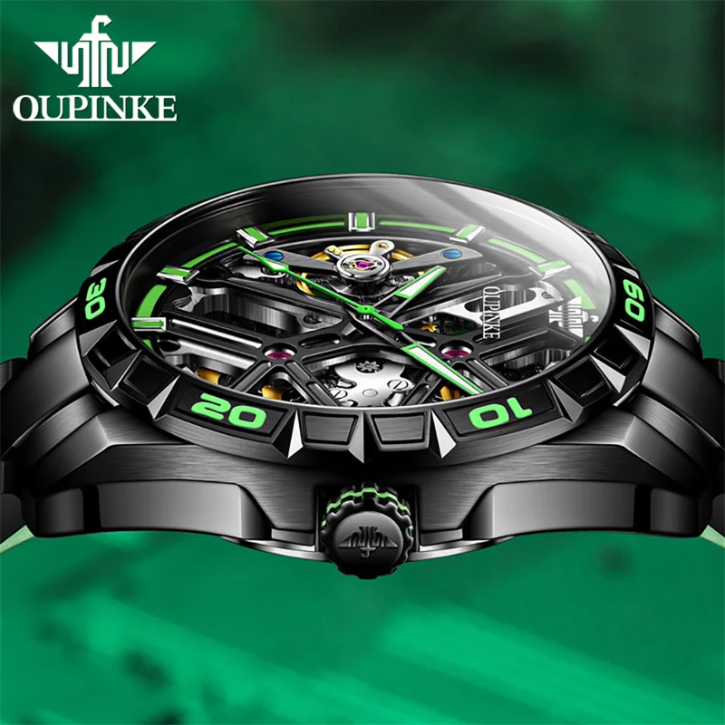 OUPINKE Men Mechanical Watches Black Steel Luminous Automatic Man Luxury Skeleton Watch For Men\'s Waterproof 50m Montre Homme