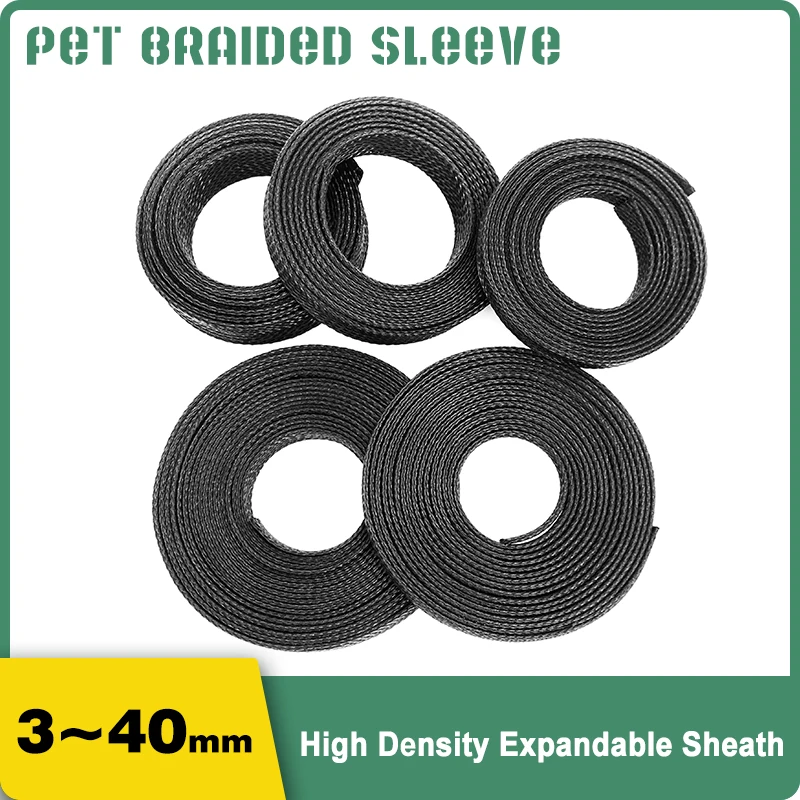 2-100mm Expandable Black Cable Sleeve PET Nylon Braided Insulation Wear-Resistant Wire Protection Management Organizer