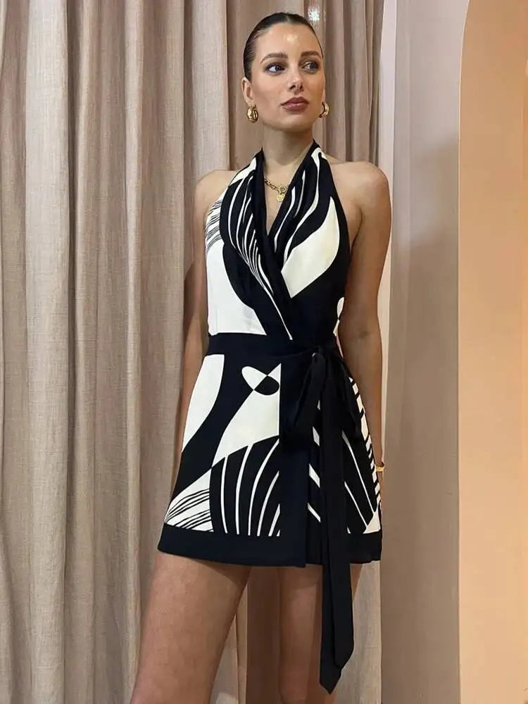 Sexy clube impressão a linha vestido feminino moda halter rendas sem costas com decote em v bainha fina sem mangas vestidos robe bodycon 5fjo