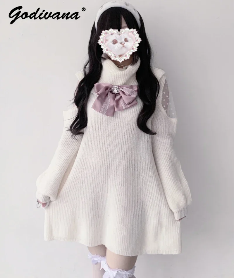 

Japanese Mine Mass-Produced Hollow Out Heart-Shaped Lace Plush Turtleneck Sweater Women Sweet Girl Loose Pullover Sweater Dress