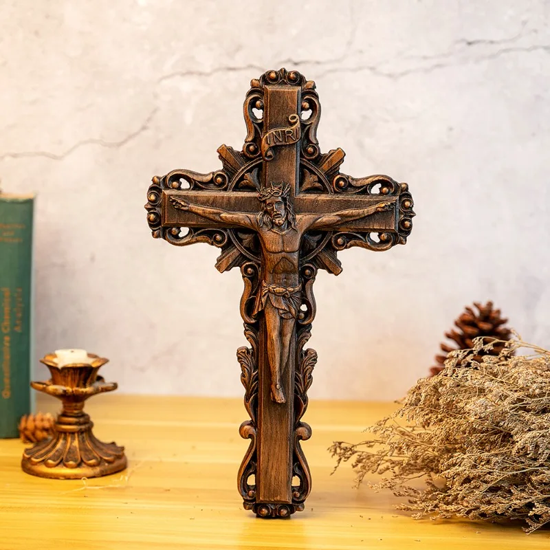 Jesus Christ Crucified Wooden Wall Cross, Catholic Religious Image Statue