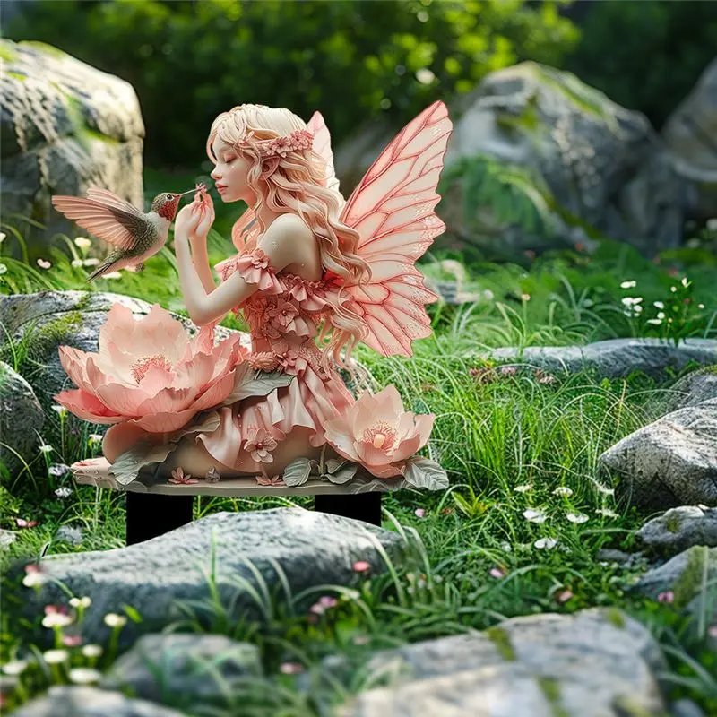 AEE4-Boho Acrylic Garden Stake Decorative Fairy And Hummingbird Outdoor Decor