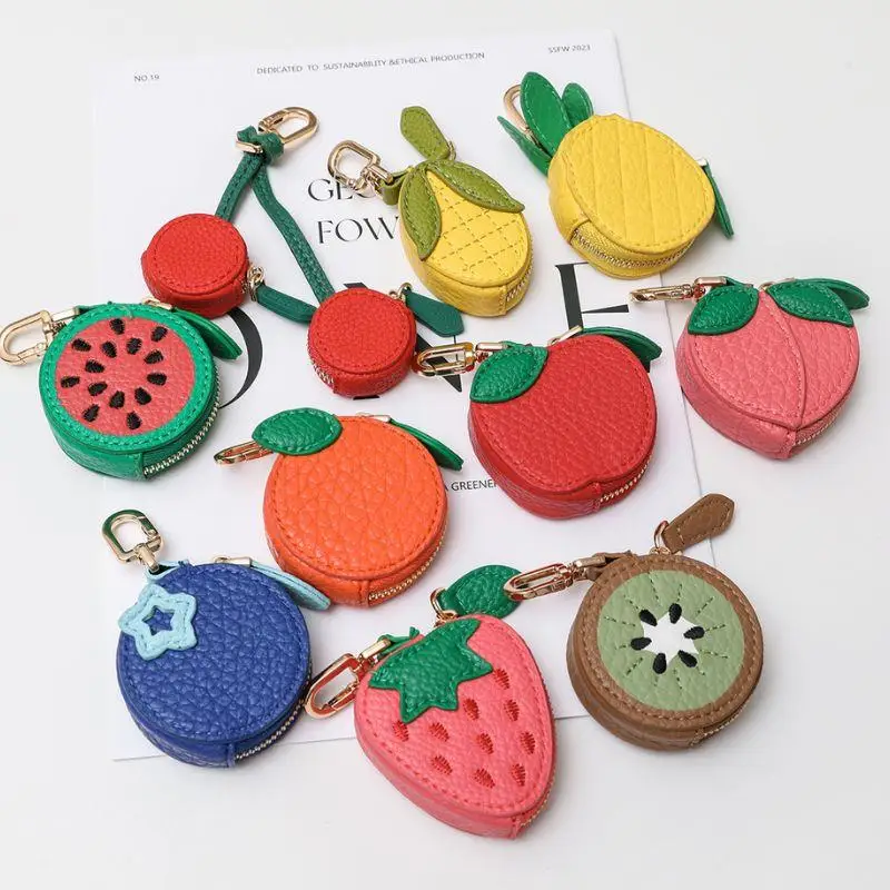 

Cute Leather Coin Purse Earphone Bag Zipper Fruit Shape Wallet Key Chain Bag Pendant For Girl Women Cherry Strawberry Bag Charms
