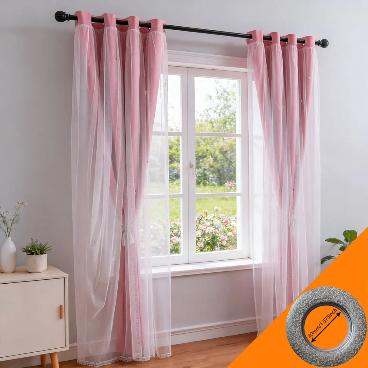 Pink Star Cutout Double‑Layer Grommet Curtains 2pcs, Sheer Overlay Window Drapes, Cute Decor Curtain for Girls Bedroom