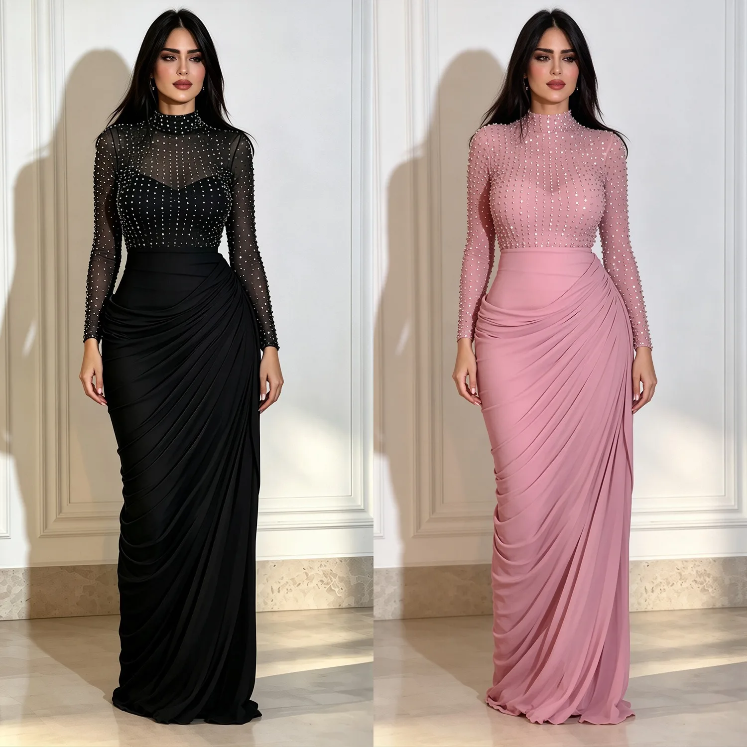 Sexy High-Neck Rhinestone-Embellished Mesh Ruched Bodycon Evening Dress