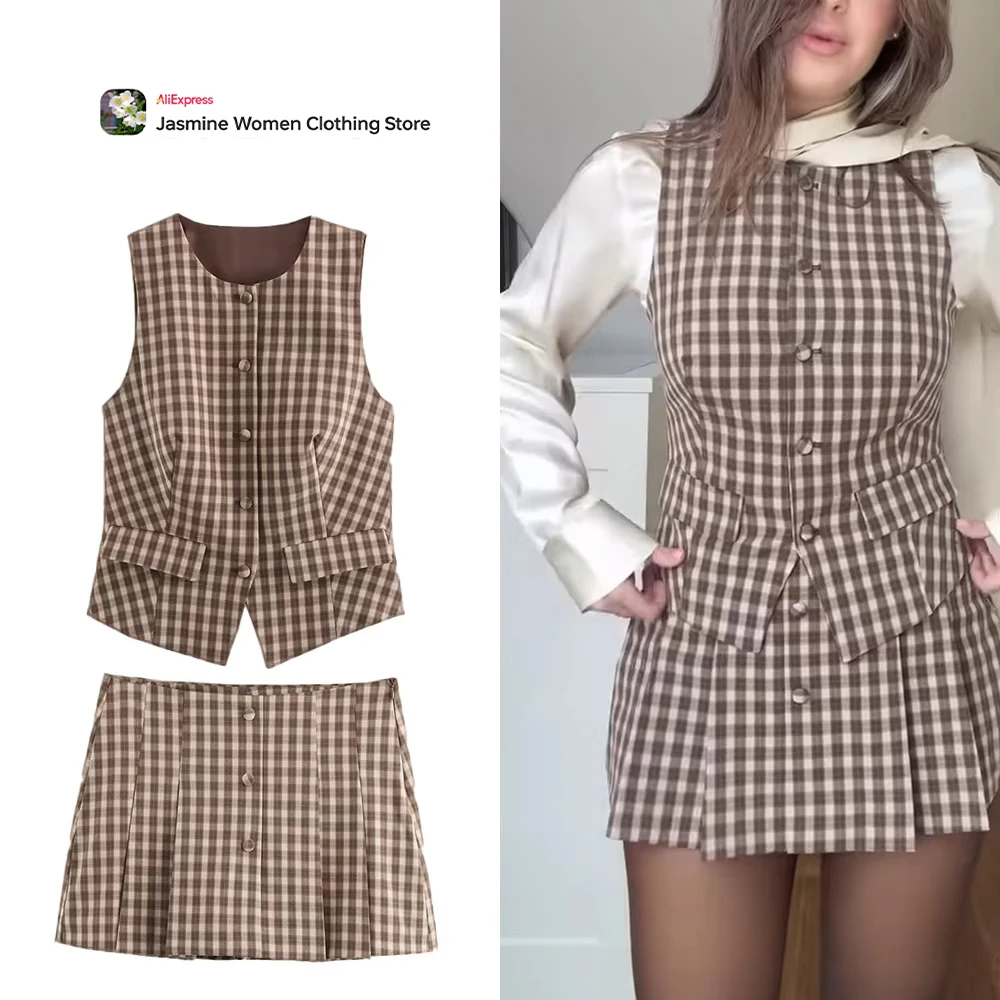 Fashion Vintage Festival Skort Set for Women Checkered Fitted Vest Top with Flap Pockets and Plaid Skort with Pleats and Buttons