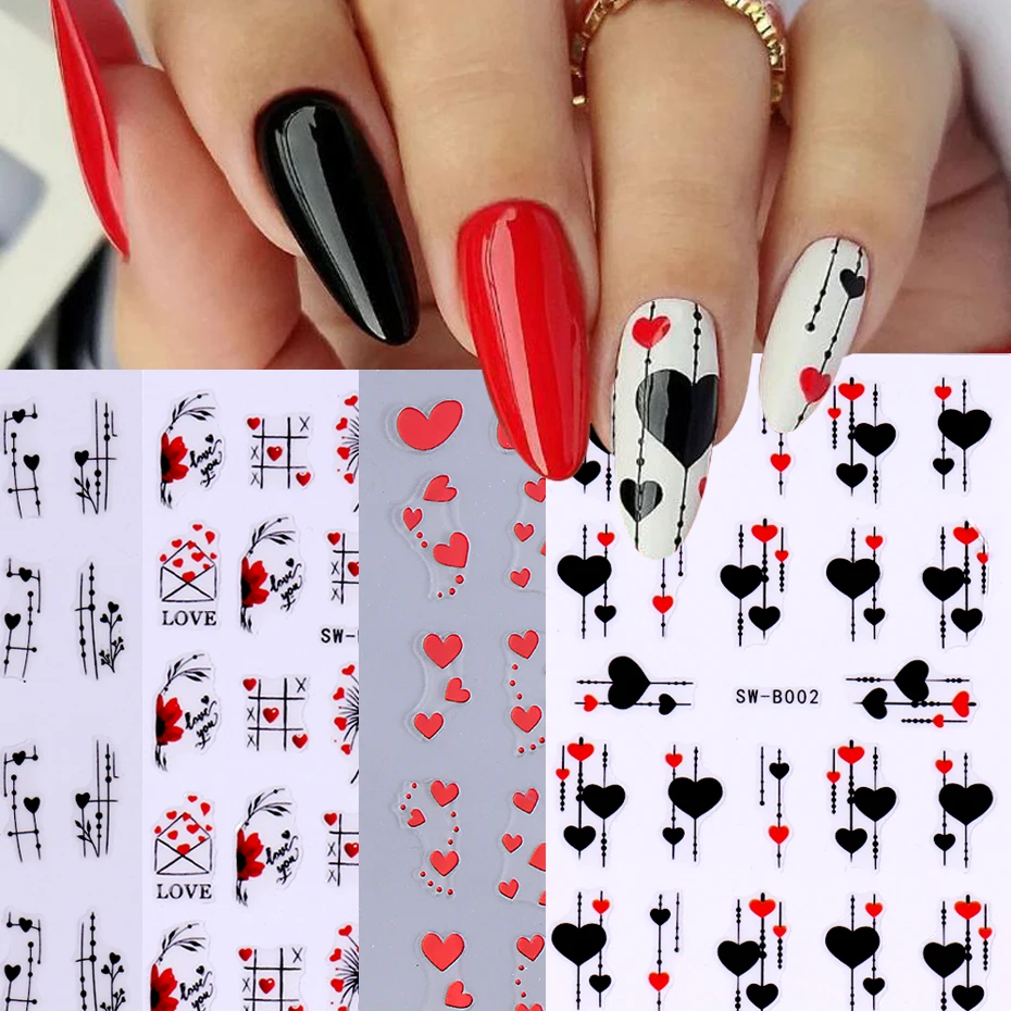 4pcs Love Heart 3D Nail Art Stickers Valentine Design Red Black Geometry Lines Stripe Stars Nail Slider DIY Manicure Decoration