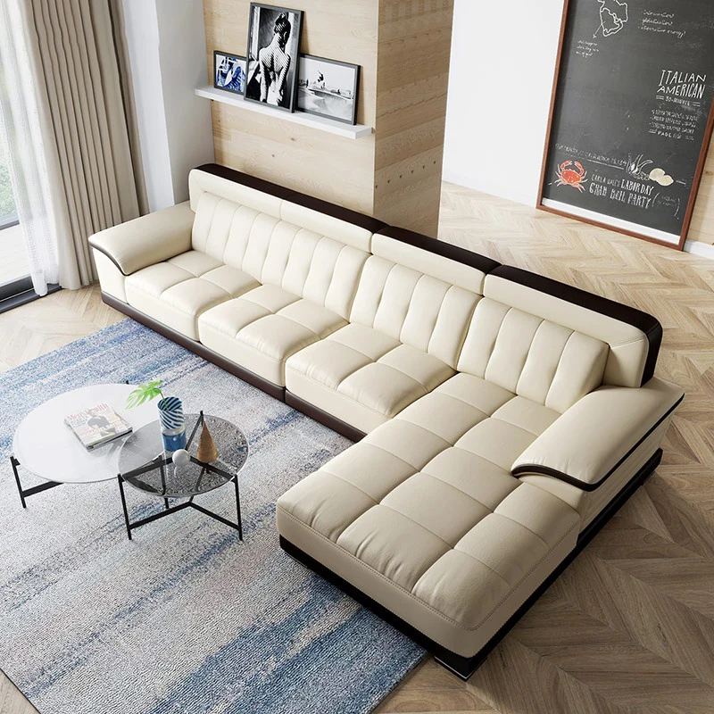 

European Italian Luxury Modern Style Large Top Grain Real Corner Sectional Pure Leather Sofa Set