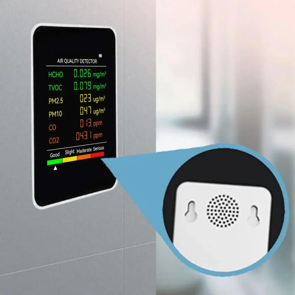 6-in-1 Air Quality Detector PM2.5 PM10 HCHO TVOC CO CO2 Built-in Multiple Sensors Four-color Alarm Formaldehyde Monitor