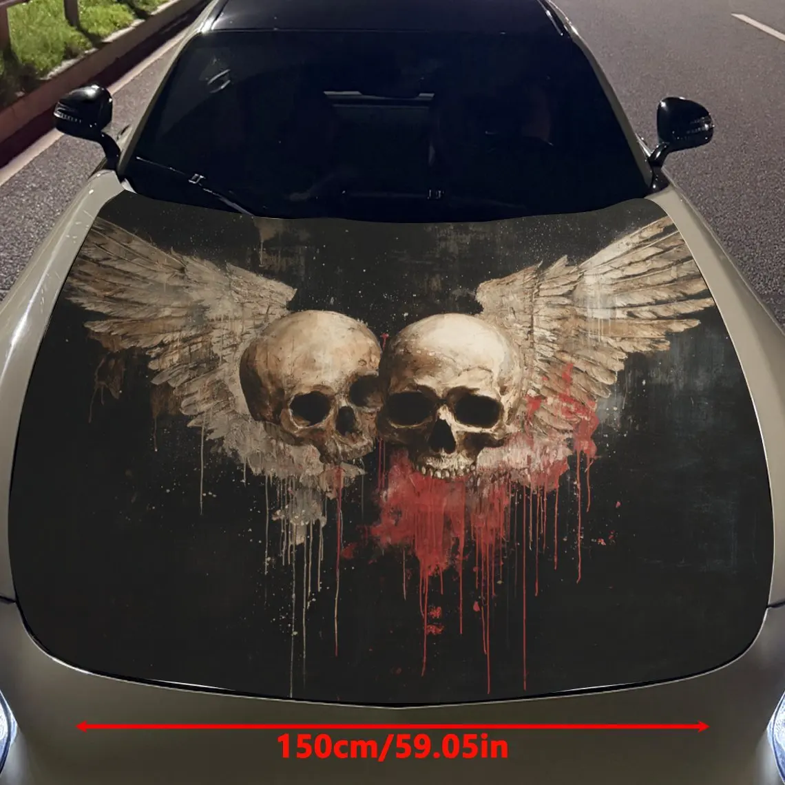 Car Decals Skulls With Wings And Bloody Elements, Creating A Fierce And Rebellious Aura In A Dark Backdrop Car Hood Sticker, Wat
